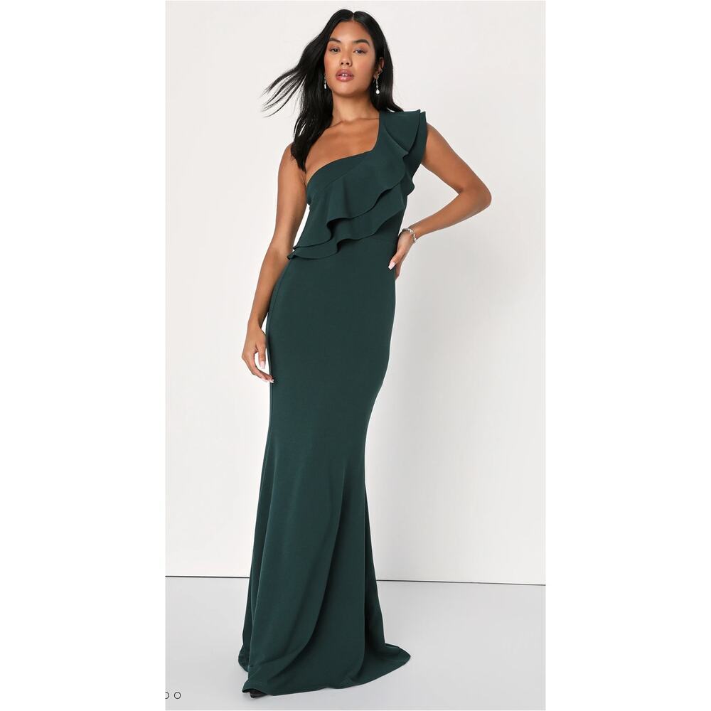 New without Tags Lulus  Emerald Ruffled One-Shoulder Mermaid Maxi Dress SZ L